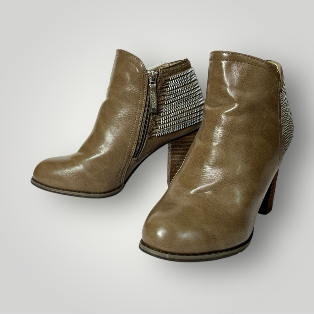 DbDk‎ Stacked Heel Taupe Ankle Boots Embellished Heel Zip Womens 8.5